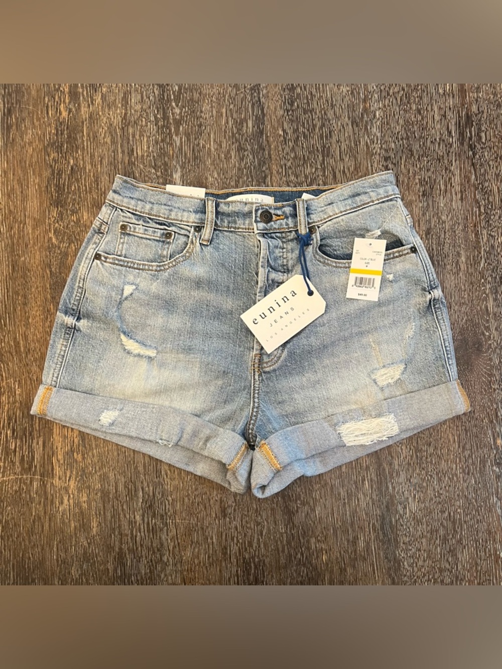 Eunina Olivia Light Wash Button Fly Distressed Ultra High Rise Mom Short NWT